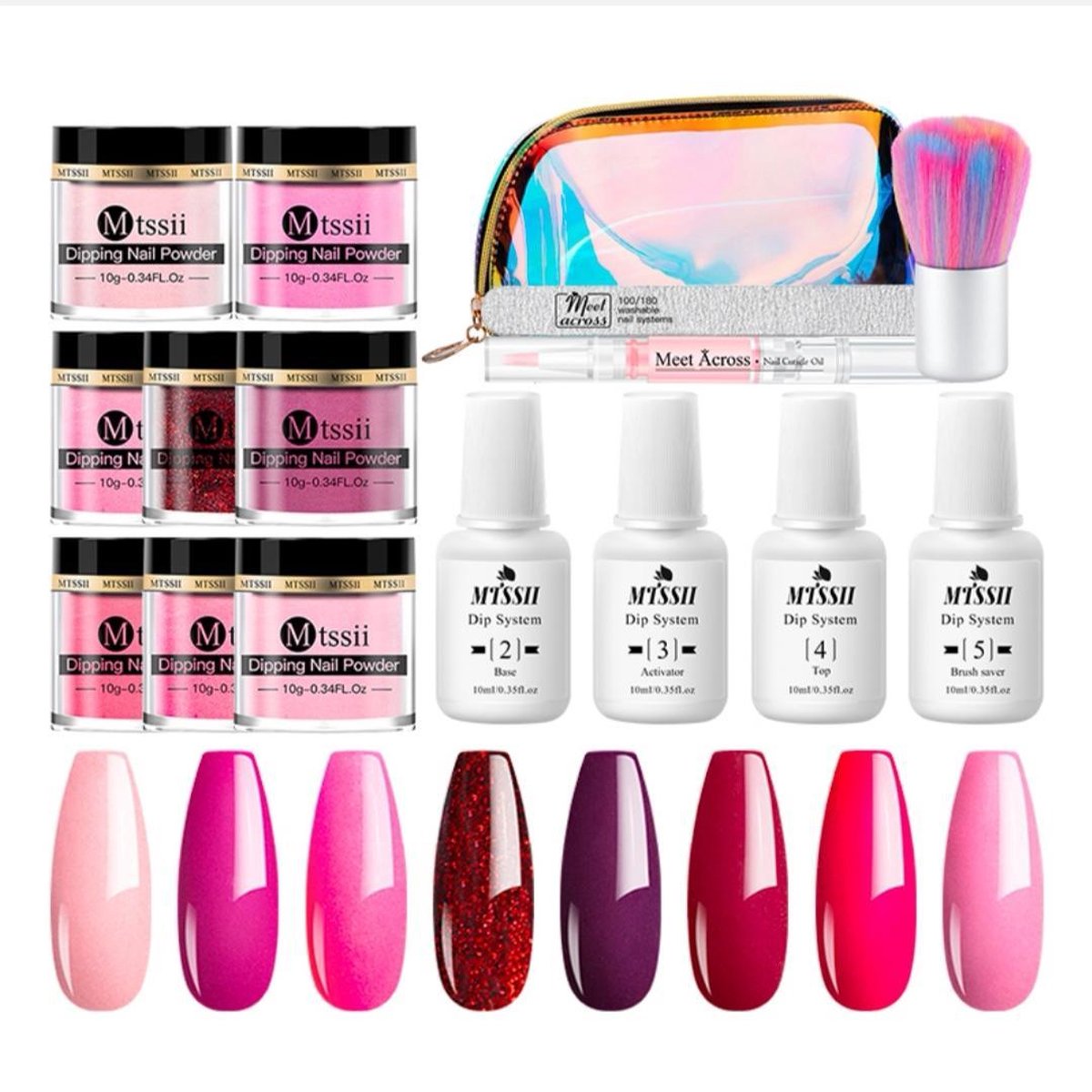 Dipping powder starter kit - 8 kleuren - roze - dip poeder - acryl nagels - dip nagels - meest complete starterspakket - nagel poeder - MTSSII -