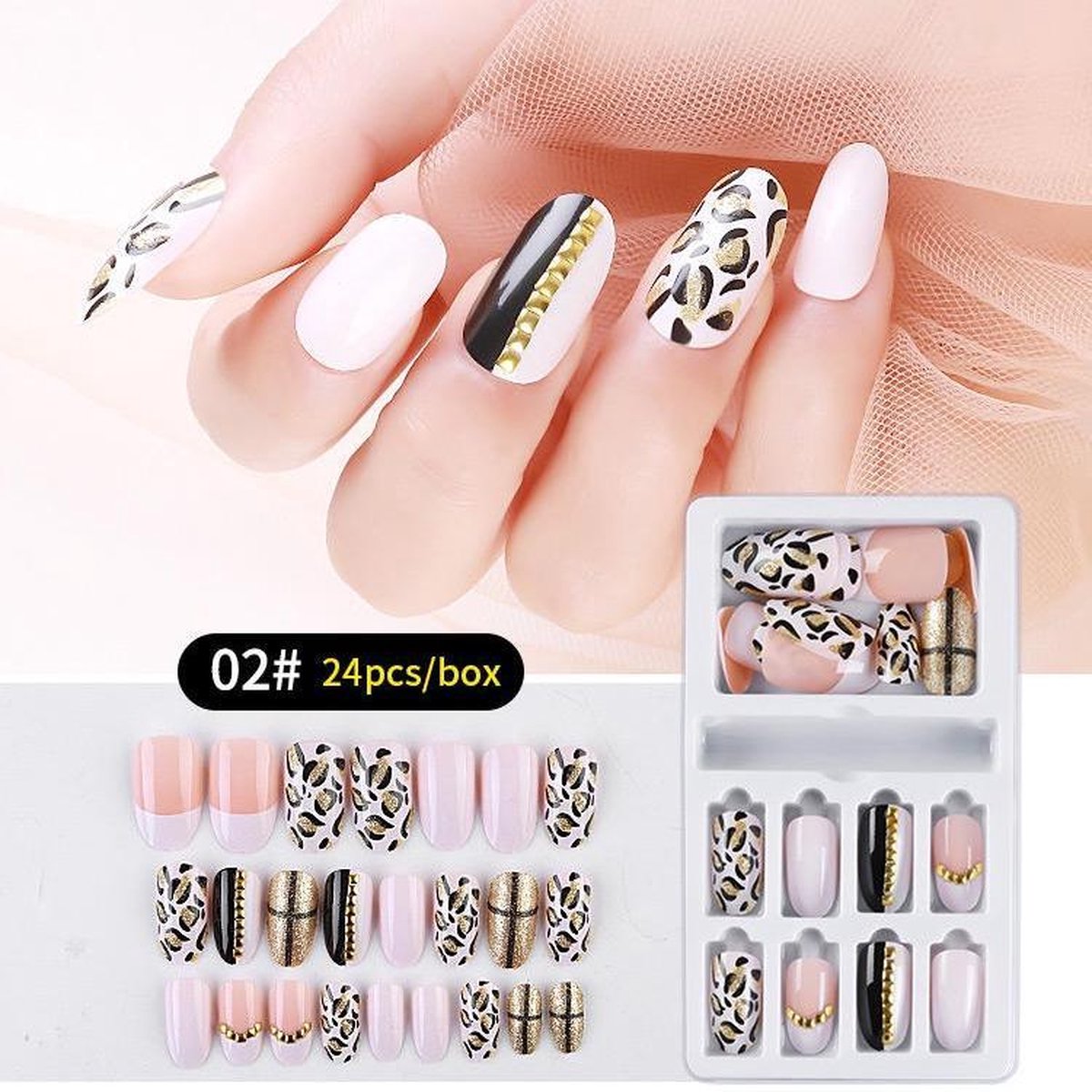 Herbruikbare Kunstnagels Strass #2 Roze/Goud/Panter 24st.