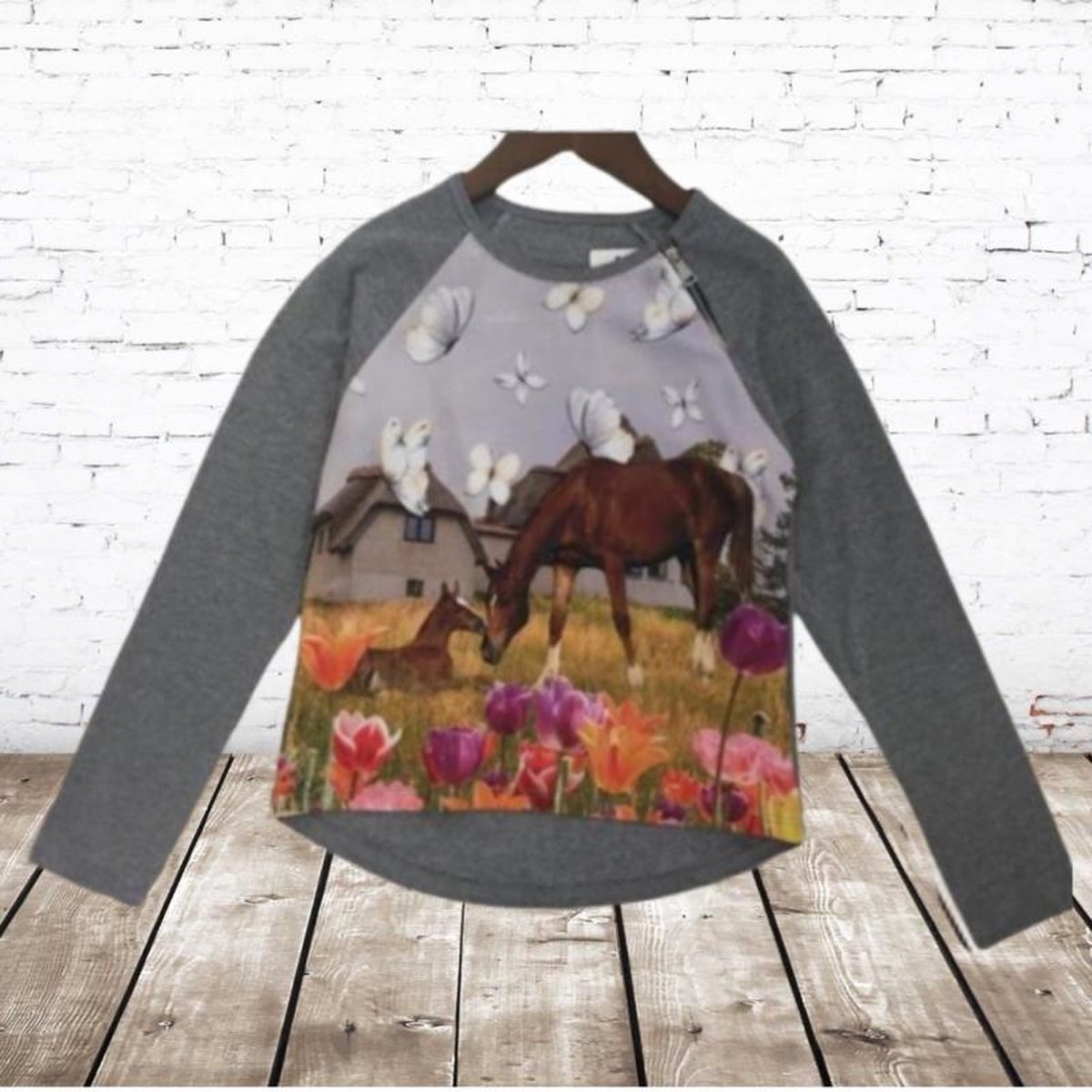 S&C Grijs shirt met bruin paard - 86/92