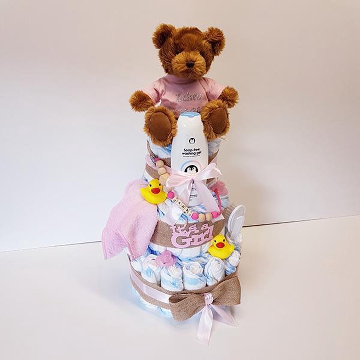 Luiertaart 3 Laags Met Beer/speenkoord Roze | Kraamcadeau | Kraampakket | Baby Cadeau