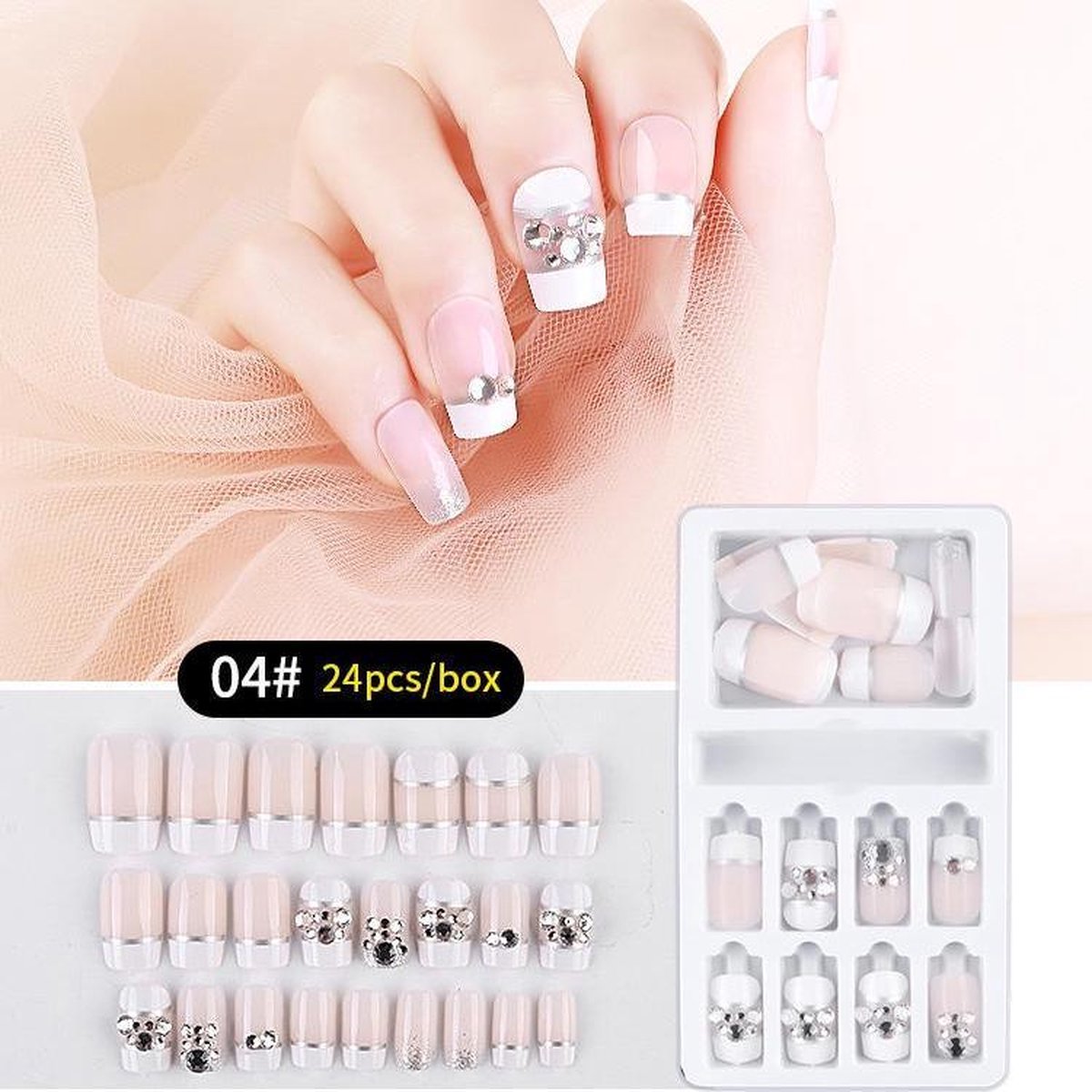 Herbruikbare Kunstnagels Strass #4 French Manicure 24st.