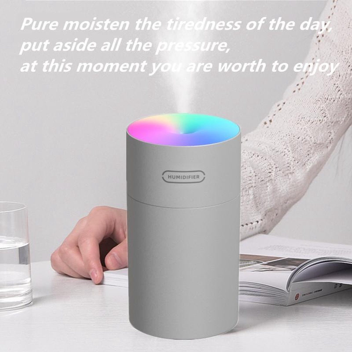 TDR - Draagbare luchtbevochtiger - erg stil (20 to 30 db) - USB - 300 ml waterhouder - met RGB verlichting - 7