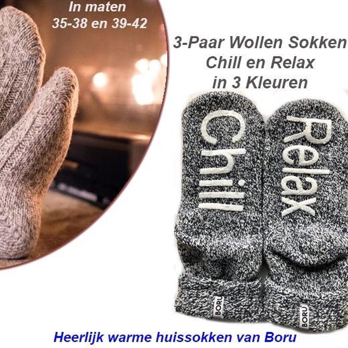 3-Paar Wollen Sokken Chill en Relax in 3 Kleuren-Maat 35-38