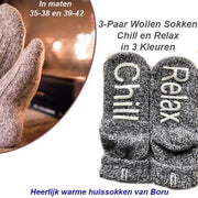 3-Paar Wollen Sokken Chill en Relax in 3 Kleuren-Maat 35-38