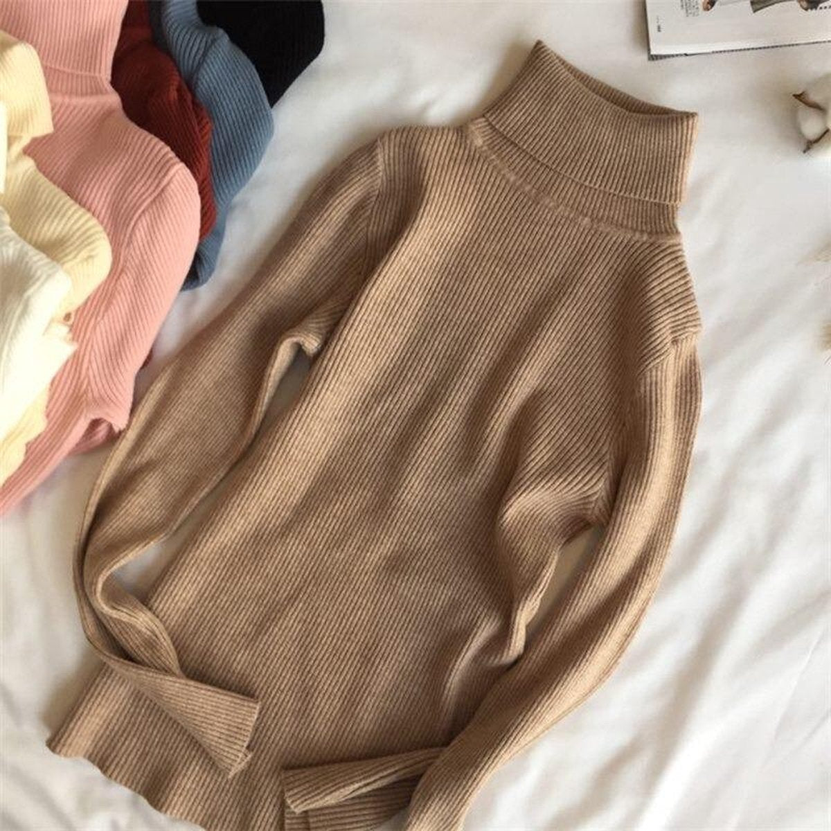 WiseGoods Dames Coltrui - Warme Trui voor Vrouwen - Zachte Gebreide Trui - Winter / Herft Kleding - Beige - S / M