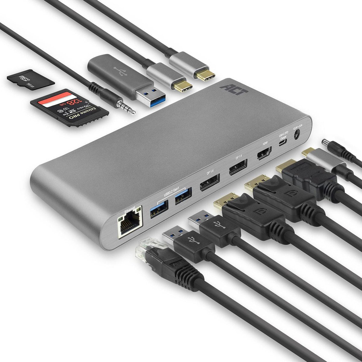 Docking station laptop 10 in 1 – 2 poort USB-C 100W PD – 3 poort USB 3.0 – Ethernet – 3.5mm audio - Micro SD/SD kaartlezer - Sluit 3 monitors aan via HDMI/Displayport – ACT AC7046