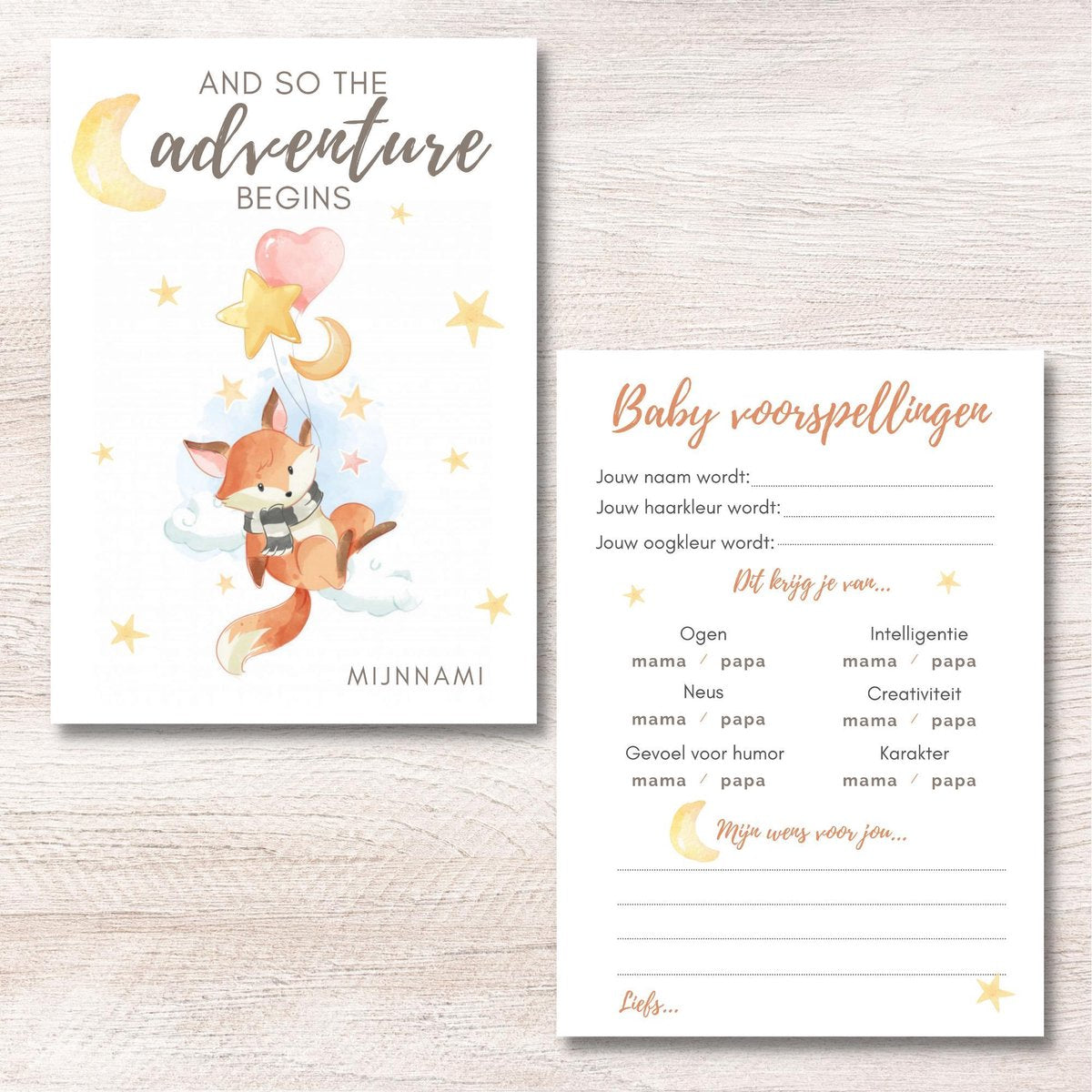 Babyshower Invulkaarten Adventurous Fox 10 Stuks - Babyvoorspellingen - Babyshower Spel