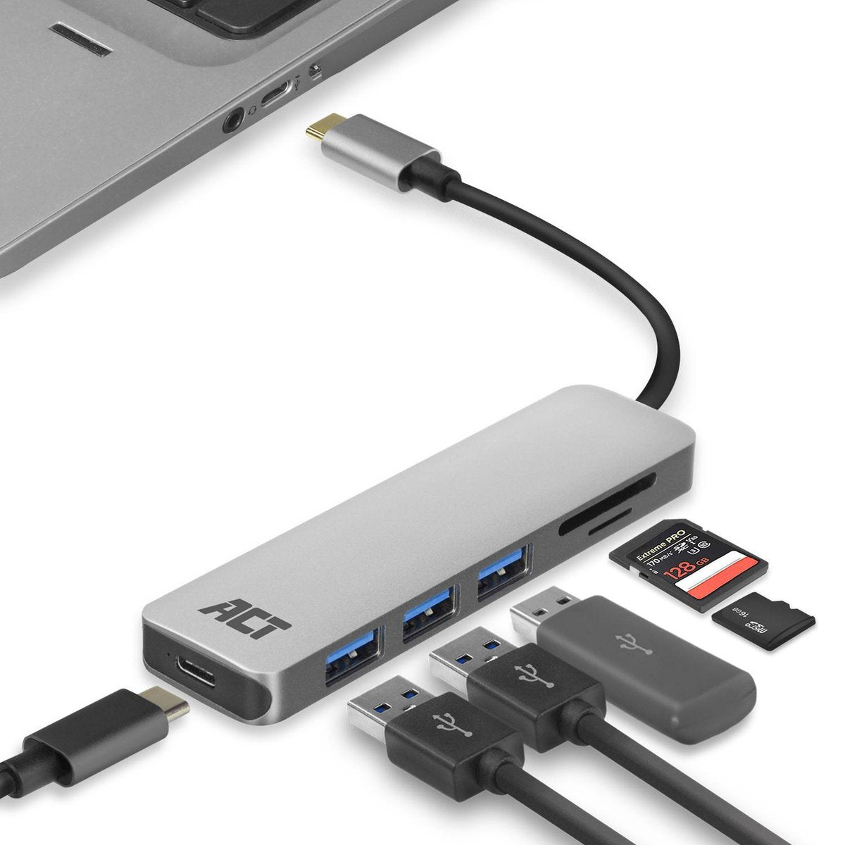 USB C Hub – 3-port USB 3.0 – 1-port USB C 55W PD – Micro SD/TF Kaartlezer - Premium aluminium behuizing – ACT AC7050