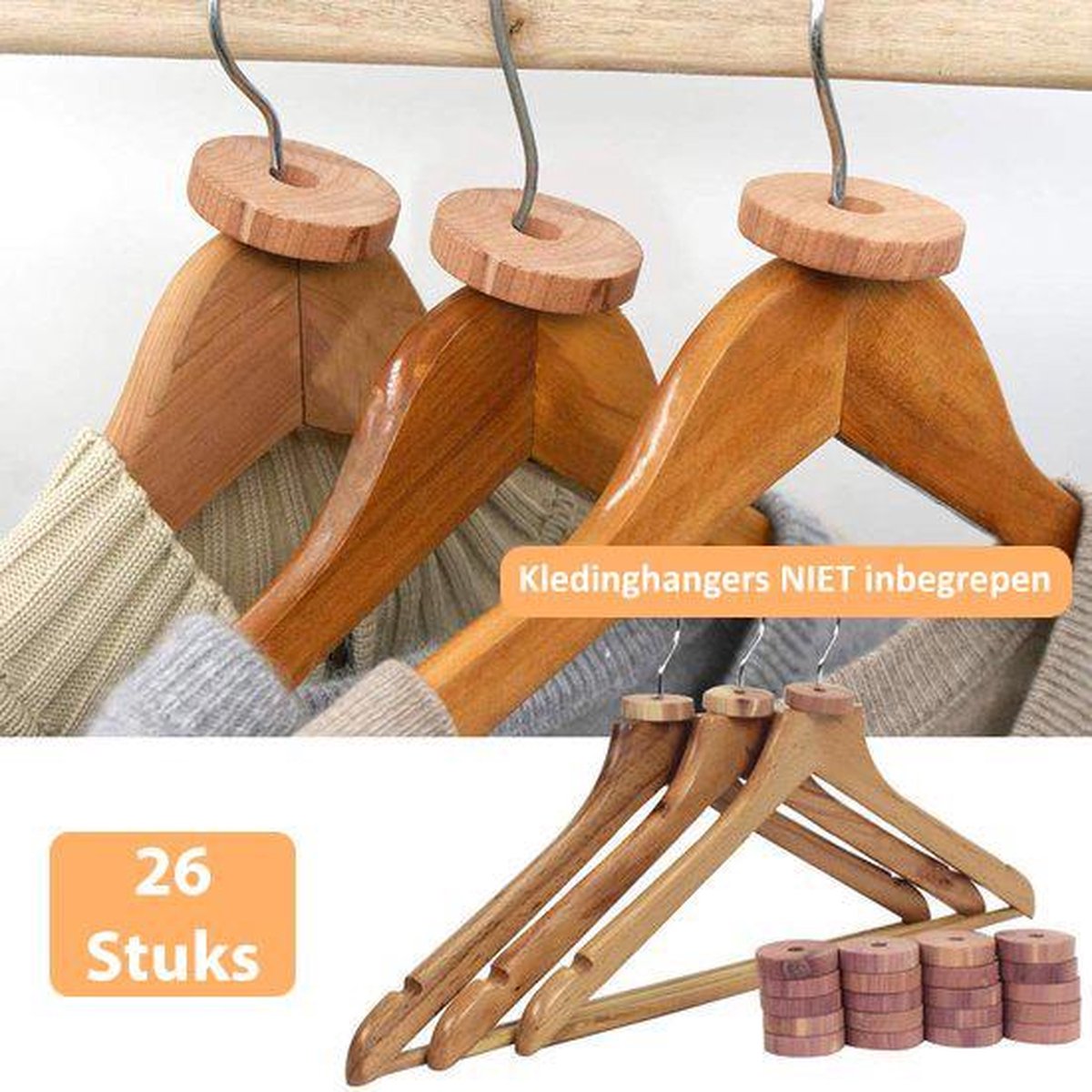 VITAMO™ Cederhouten Ringen 26 Stuks tegen Motten en Ongedierte - Mottenbestrijding - Mottenballen - FSC cederhout - Cederolie - Voor kledinghangers - Kledingkast - Lades - 100% Natuurlijke bescherming - Duurzaam en herbruikbaar - Voordeelset