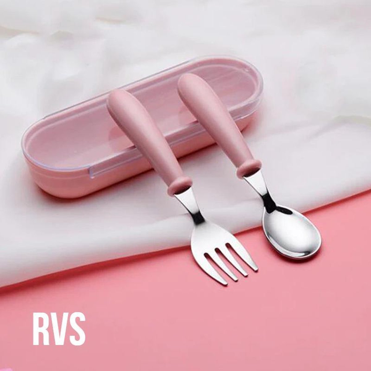 Allernieuwste Kleuter Peuter Kinderbestekset Lepel en Vork - Roestvrij Staal (RVS) - kleur Rose