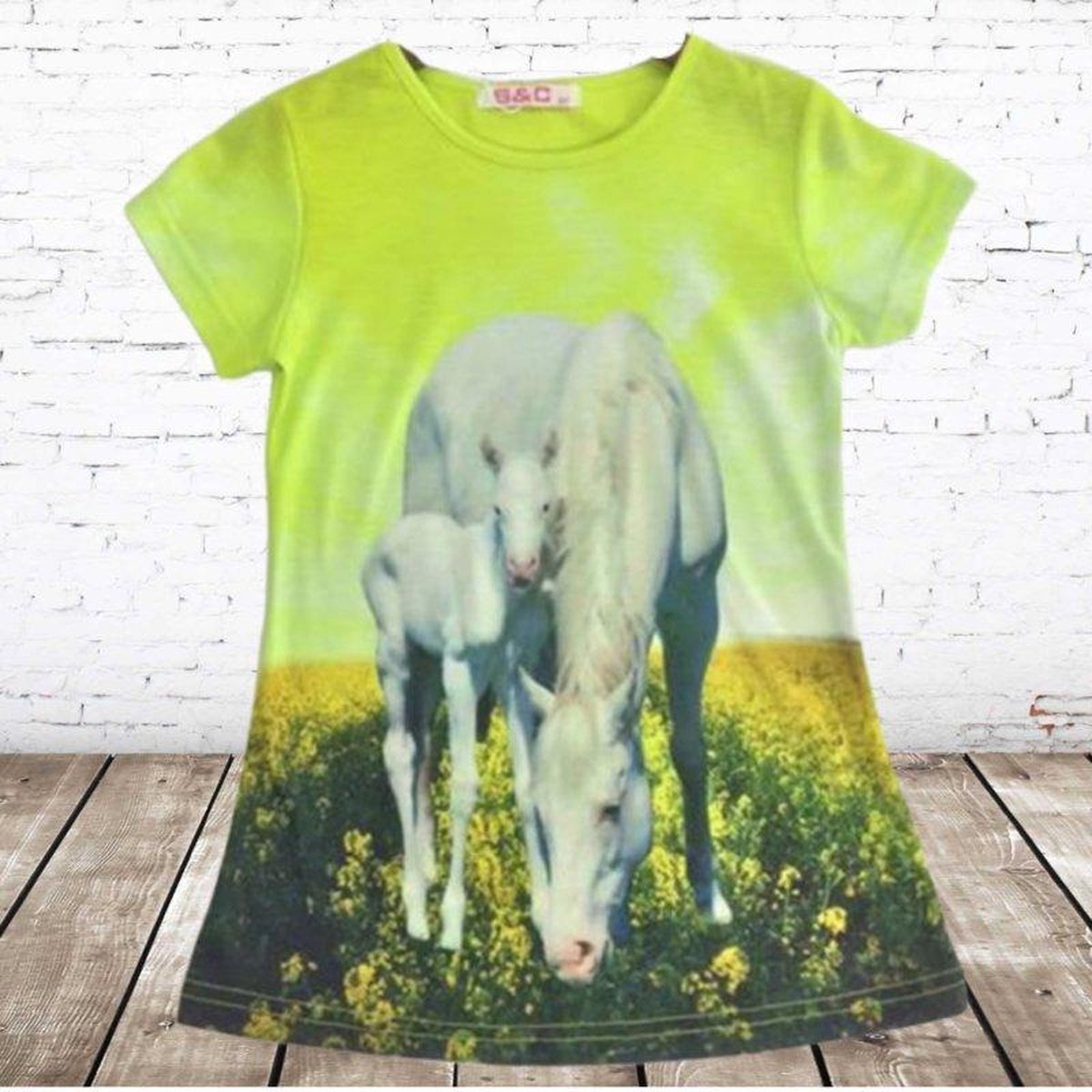 S&C Geel meisjes shirt met witte paarden - 86/92