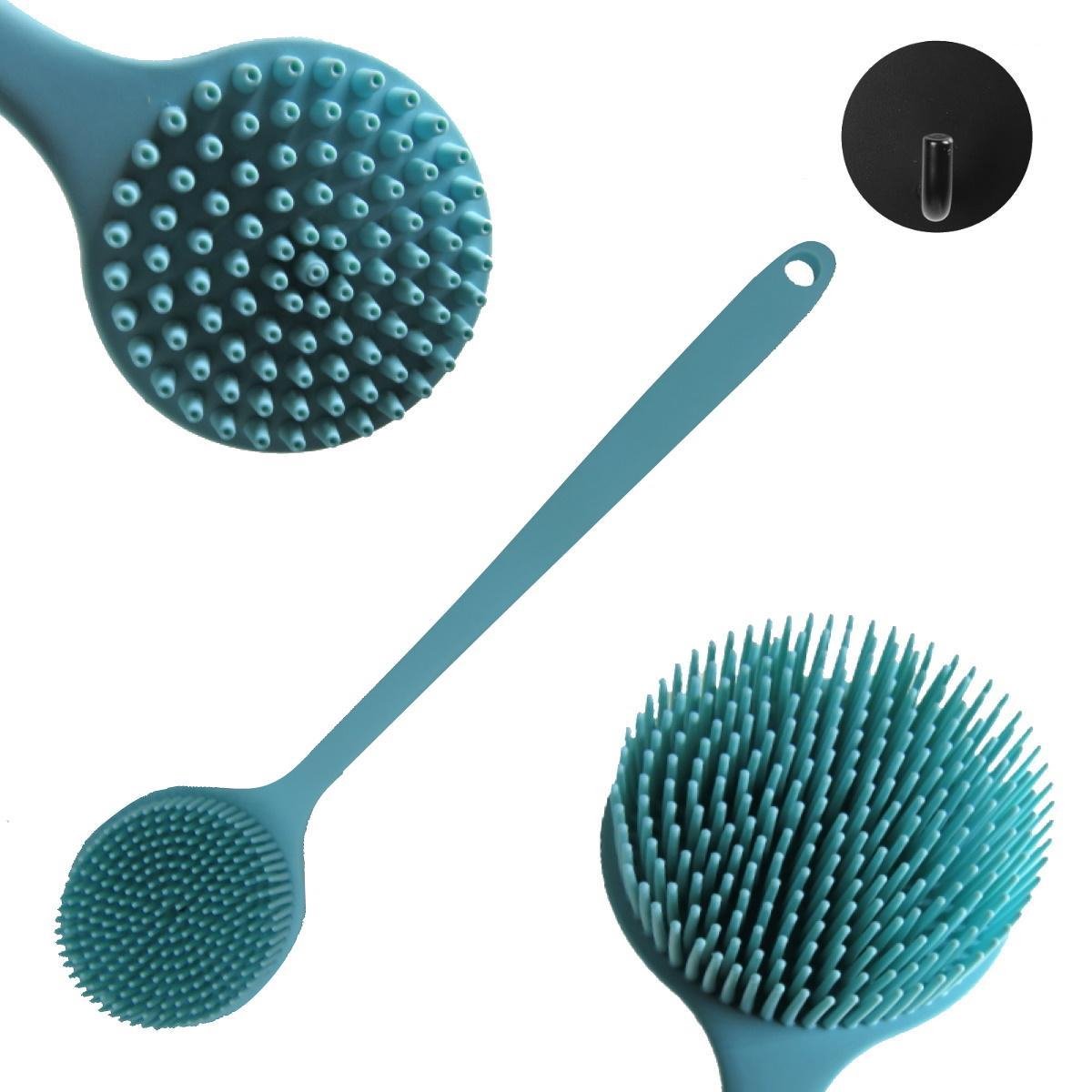 B&P Bad borstel met steel Blue lagoon - blauw - rug borstel silicone - kunststof - massageborstel -  douche borstel - lichaamsborstel - scrub lichaam - wet & dry brush