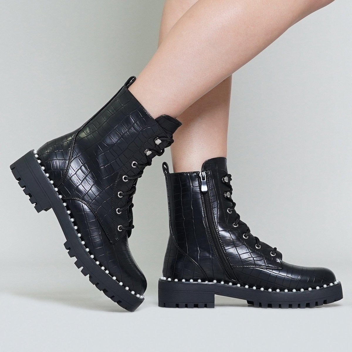 Zwarte boots met pareltjes kroko 36 / Zwart