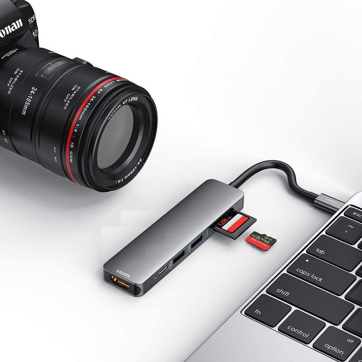 usb c hub - usb c adapter - hdmi - 2x usb-c - sd kaartlezers - 2x usb - docking station - grijs - usb c hub macbook pro / air / windows / usb c naar hdmi kabel / usb c hdmi adapter