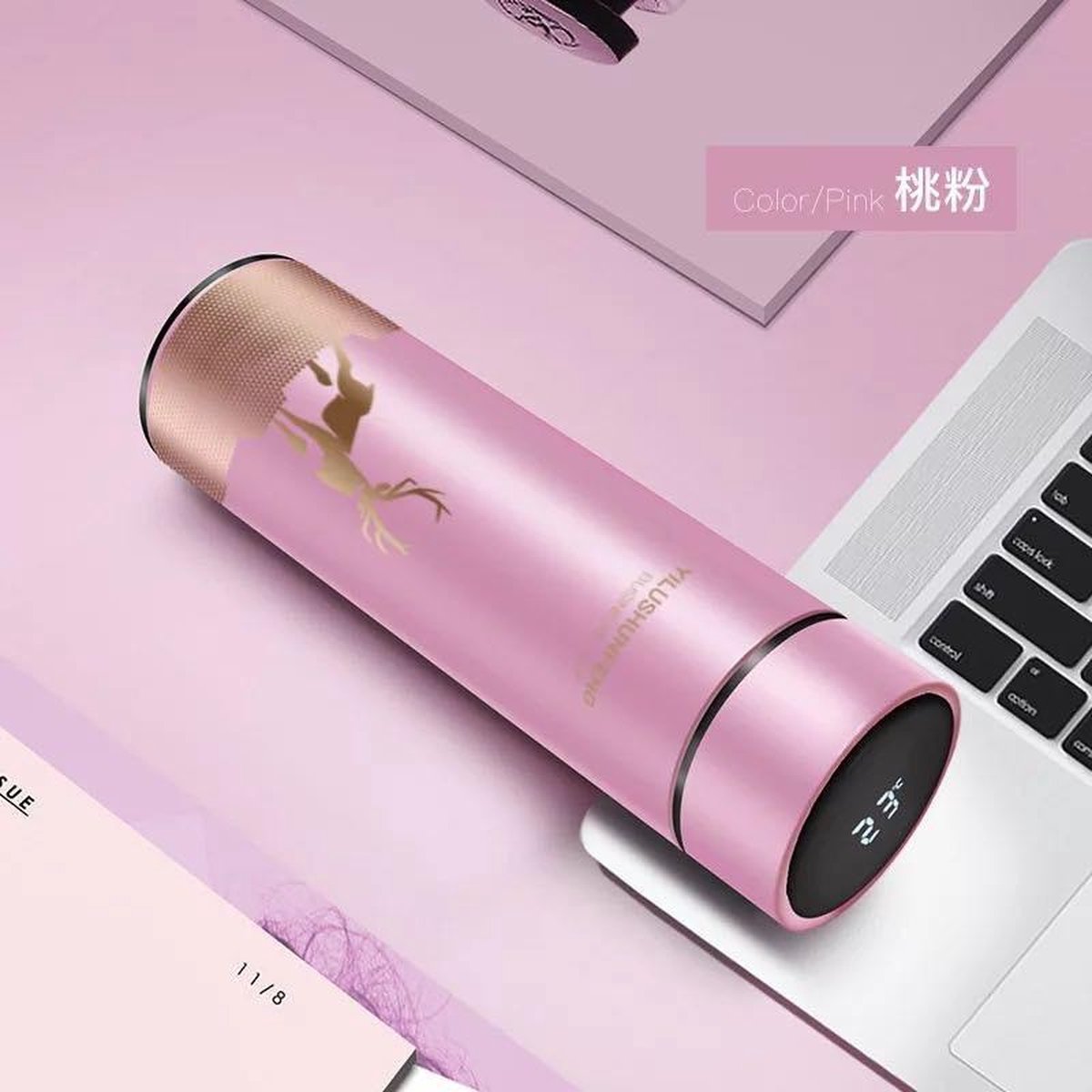 YILUSHUNFENG Drinkfles met LED Scherm en Theefliter - Thermosfles - Thermoskan - Slimme Thermosbeker - Isoleerfles - Temperatuur LED Display - Koffiebeker - Drinkflesssen - RVS - Geïsoleerde 500ml - Roze