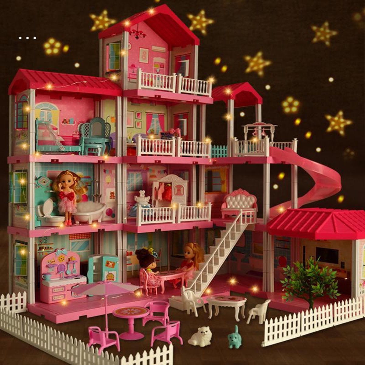 Grote Luxe Poppenhuis - 325 delen - Poppenvilla - 3 Poppenhuis Bouwopties - Bouw Zelf Je Droomvilla  - 4 Verdiepingen - Met Verlichting - Droomvilla - Kleur Roze