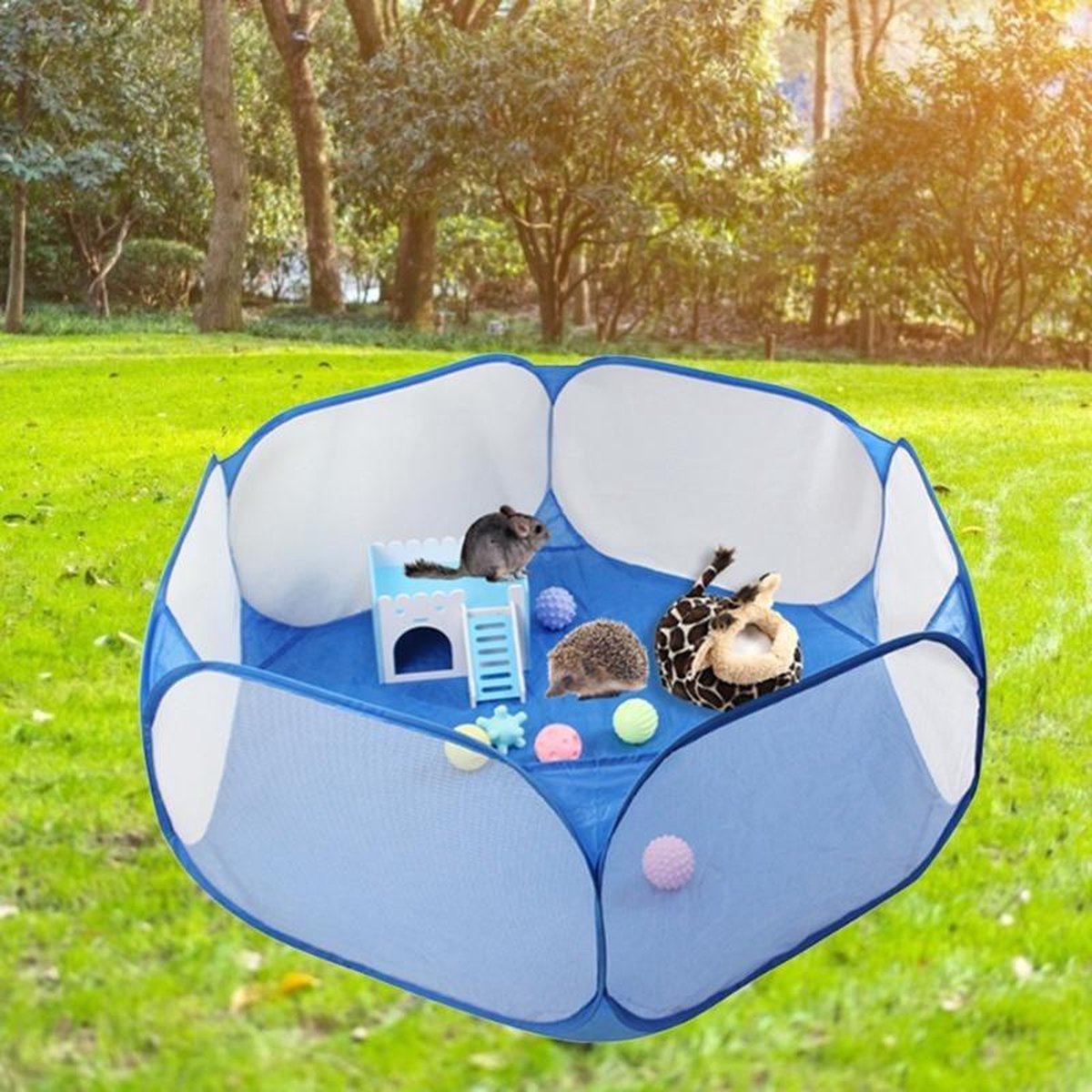 Dierplezier – Buitenren voor knaagdier - Grote speelren knaagdier - Hamster speelkooi – Meenneem speelren knaagdier – Speelruimte voor rat – Grote speelren voor cavia – 95 x 40cm opvouwbaar met tasje - Konijnen speelkooi
