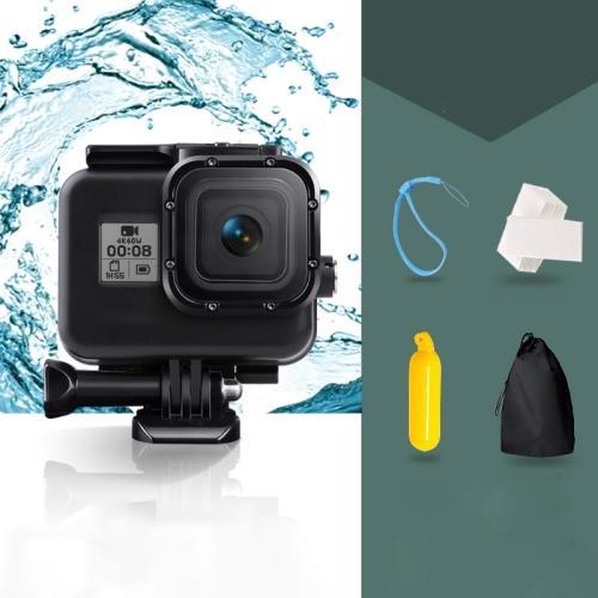 Voor GoPro HERO8 Zwart 45m Waterdichte Behuizing Beschermhoes met Gesp Basismontage & Schroef & Drijvende Bobber Grip & Riem & Anticondens-inzetstukken (Zwart)