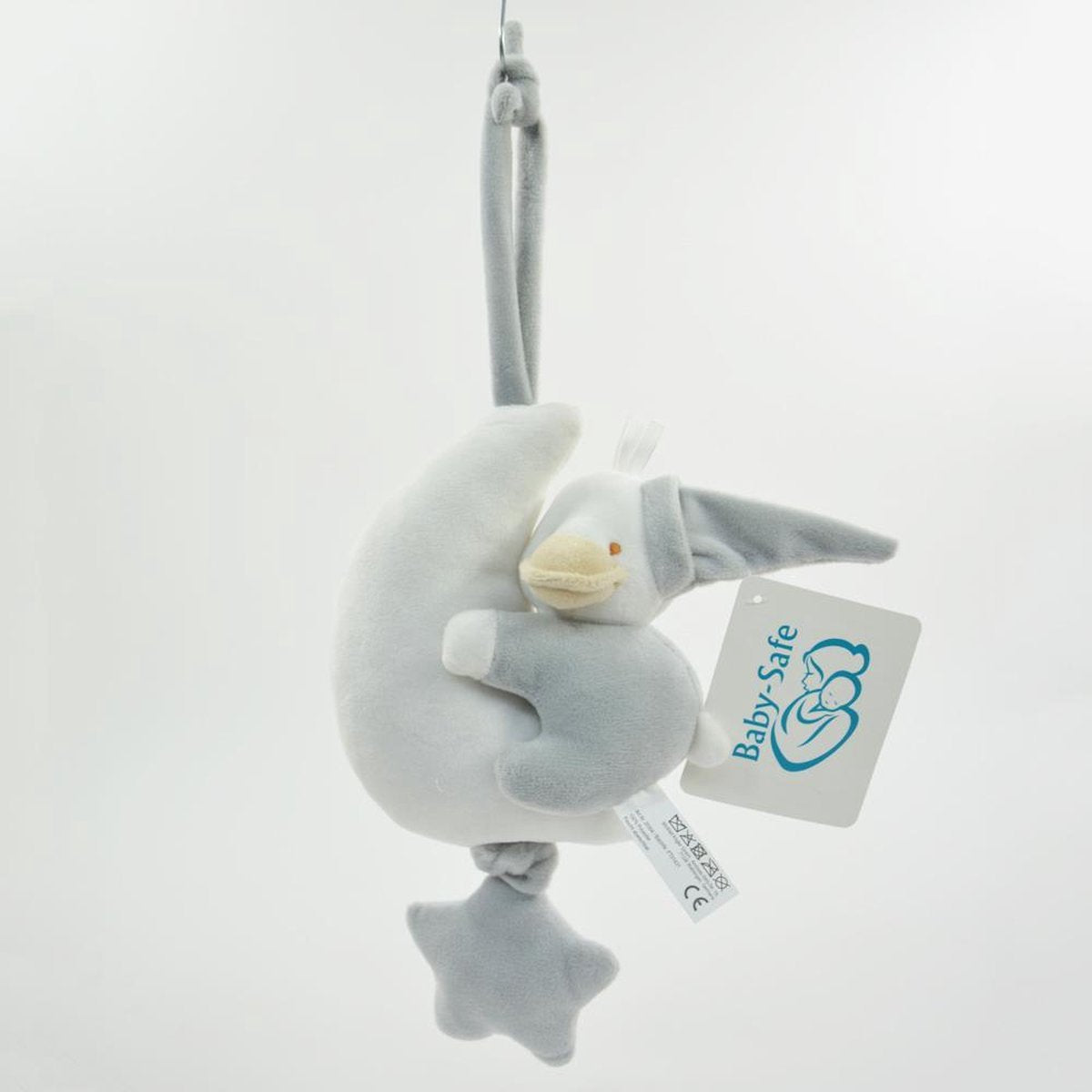 baby knuffel- muziekdoos- eend met maan- grijs