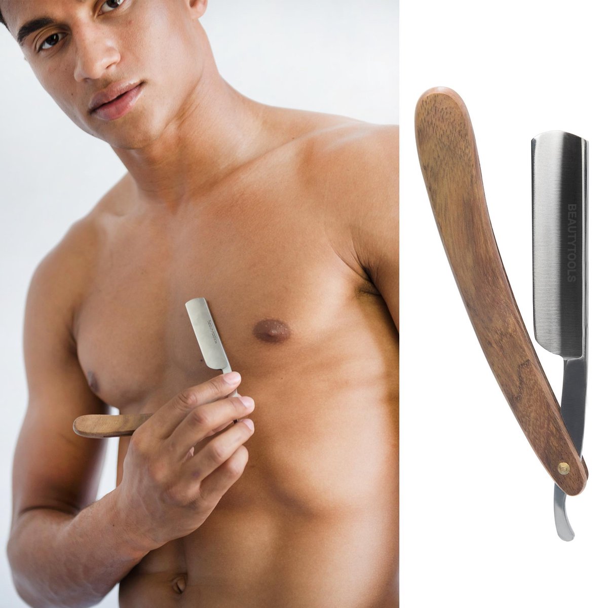 BeautyTools PREMIUM Set Klassieke Scheermes / Shavette Barbiersmes met INOX Snijblad - Luxe Jatobahout (incl. Scheerriem) - (SR-1284)
