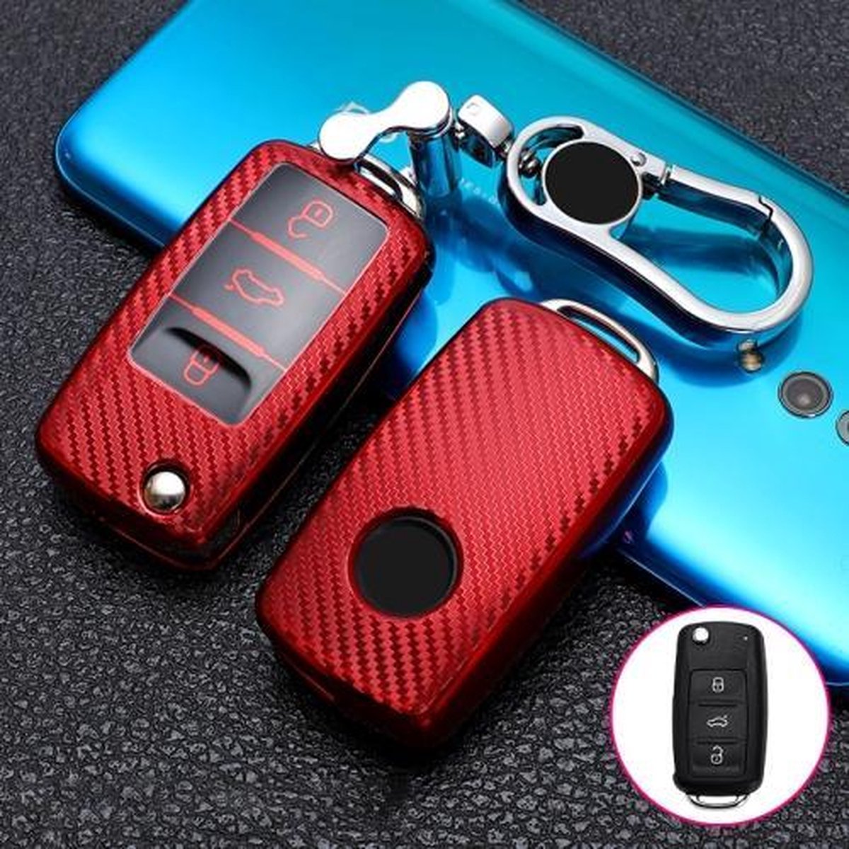 Voor Volkswagen vouwen 3-knops auto TPU sleutel beschermhoes sleutelhoes met sleutelring (rood)
