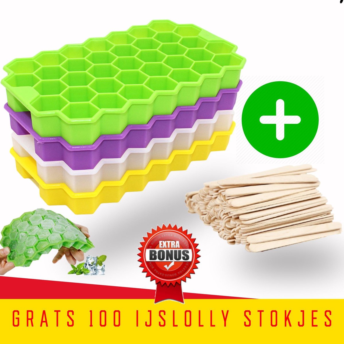 TammaT® ijsblokjesvorm - Met GRATIS 100 ijslolly stokjes hout - ijsblokjesvorm met deksel - 4 delig - 148  jsblokjes - Multikleuren - Herbruikbare Ijsblokjesvorm - BPA VRIJ - ijsvormpjes - ijsblokjesvorm silicone babyvoeding