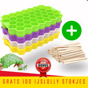 TammaT® ijsblokjesvorm - Met GRATIS 100 ijslolly stokjes hout - ijsblokjesvorm met deksel - 4 delig - 148  jsblokjes - Multikleuren - Herbruikbare Ijsblokjesvorm - BPA VRIJ - ijsvormpjes - ijsblokjesvorm silicone babyvoeding
