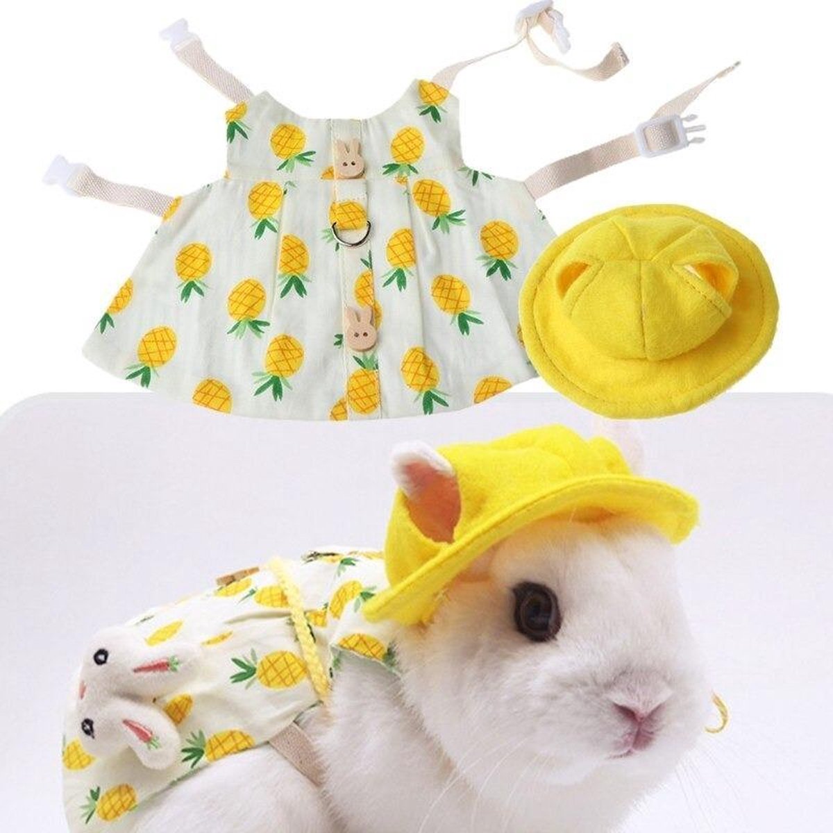 Dierplezier Wandel tuigje knaagdier - Leiband knaagdier - S - Hamster wandelleiband 5 delig - Tuigje met kleding - Tuigje wandelen rat - Harnas voor cavia - Gareel voor fret – Geel outfit met leiband