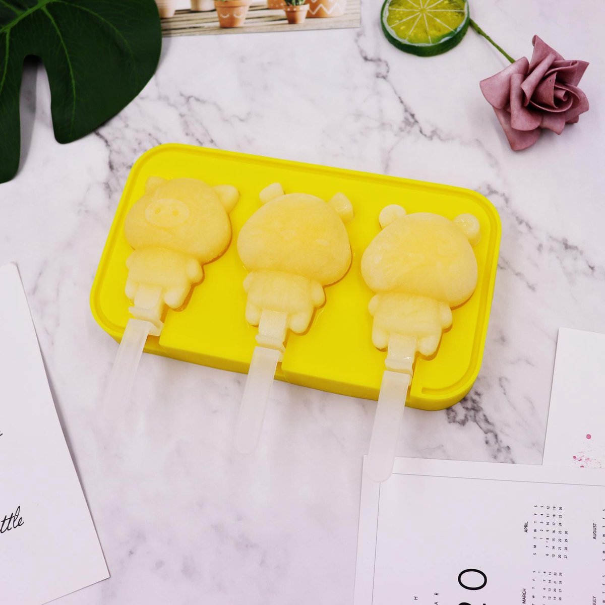 Itagala Ijsvormpjes Pig & Bears | kleur geel | 3 in 1 Ijslollymaker | trendy en leuke Ijsjesvormpjes