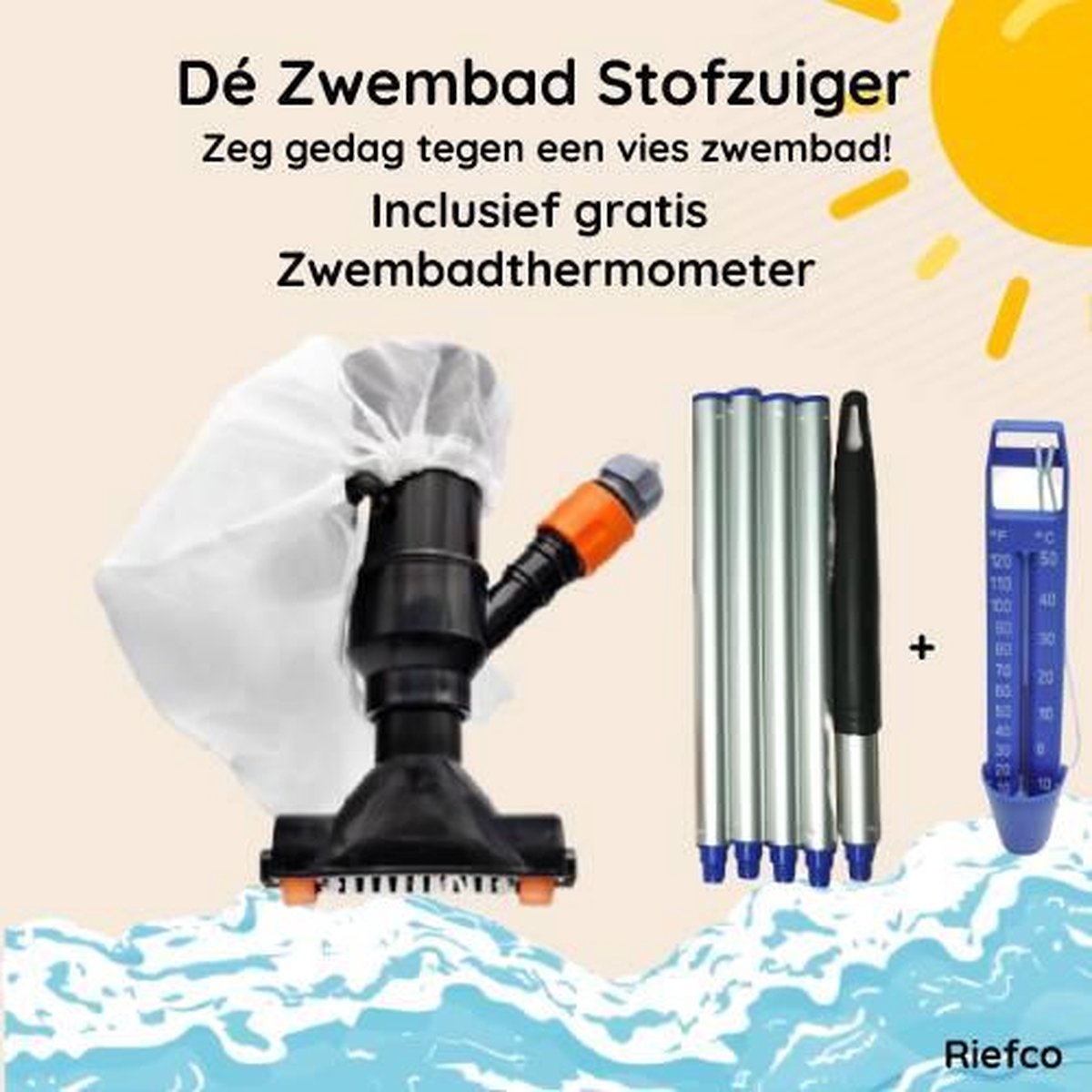 Riefco Zwembadstofzuiger zwart en zwembadthermometer - Jet Vac - Inclusief 120cm Telescoopstang