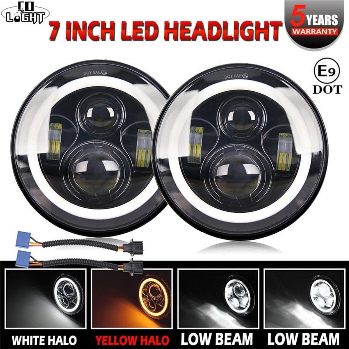 Baymate CO LICHT 7 Inch LED Koplampen DRL Hi/Lo Beam 50W 30W Halo Ring Amber Angel Eye Voor Niva Motorfiets Lada Offroad 4x4 UAZ 12V 24V 2 Piece