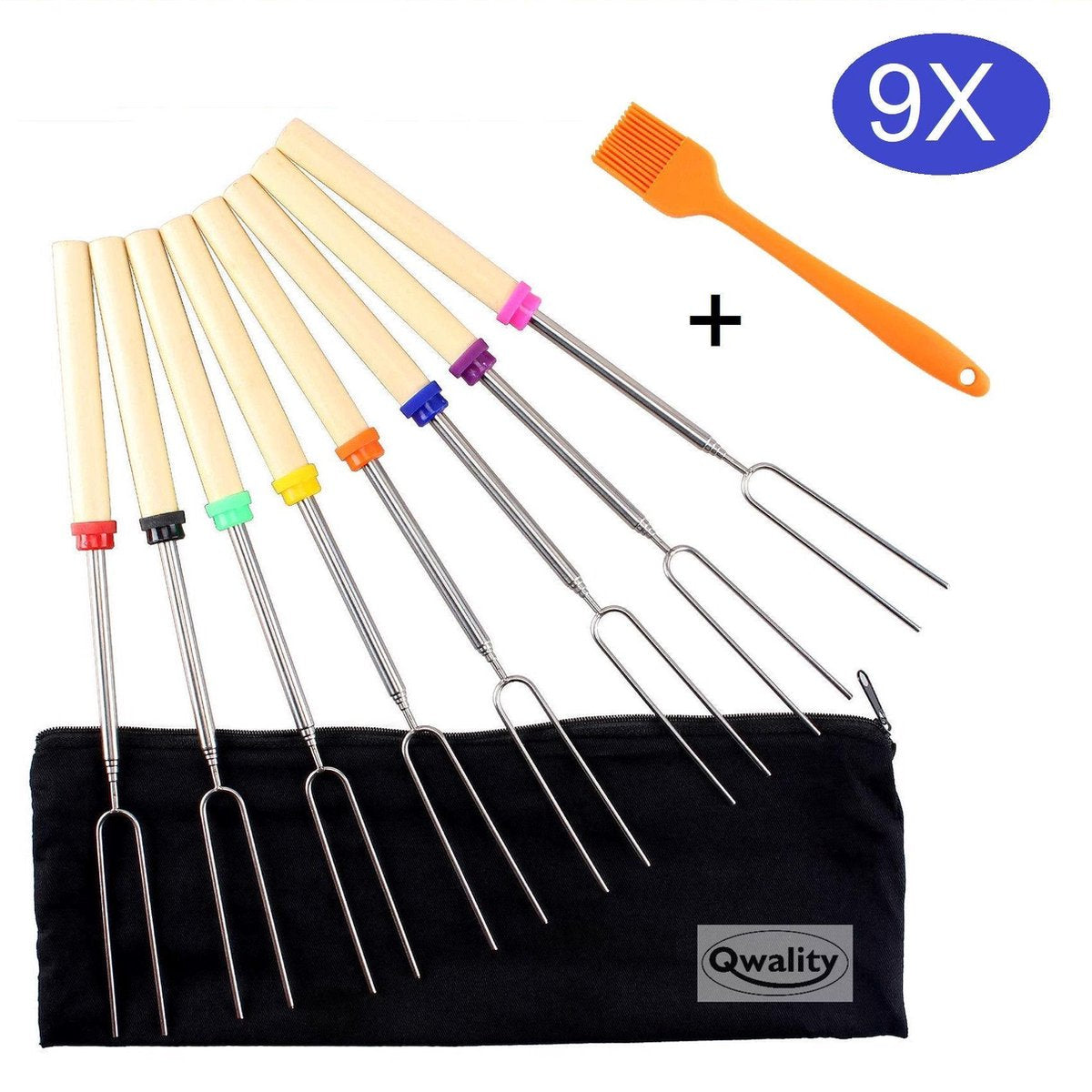 Sterke BBQ spies (8x) - Uitschuifbaar tot 80cm - GRATIS siliconen kwast - Barbeque Grillspiesen - Vleespen – Telescopische Grill spiezen – Vleesspies vork – Vleesvork - BBQ accessoires - Qwality4u