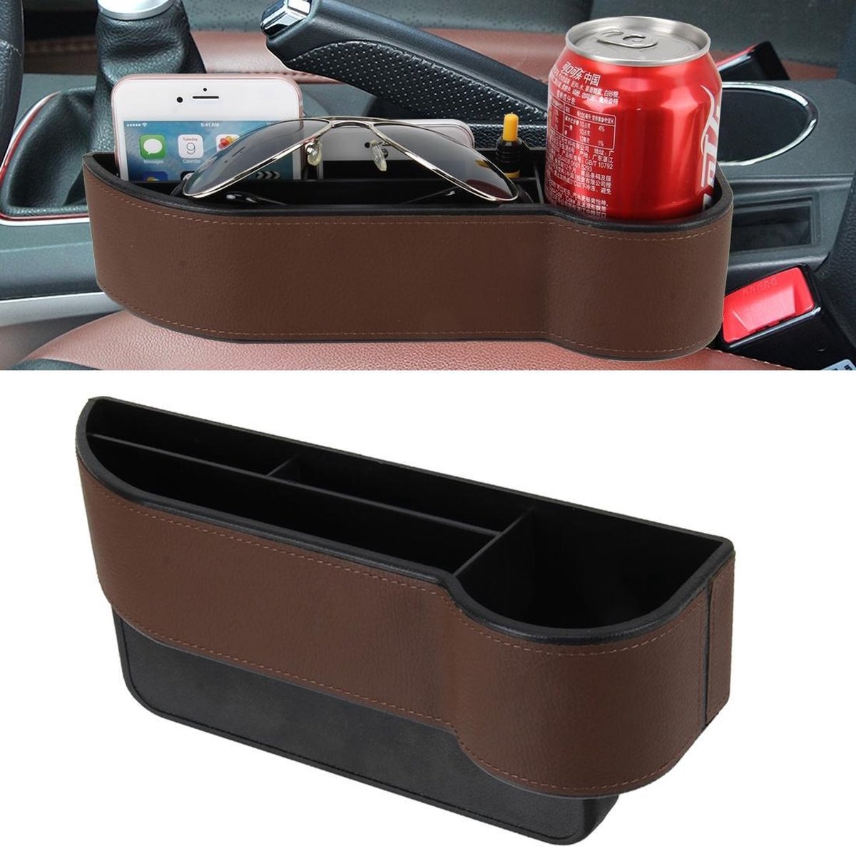 Autostoel Spleet Opbergdoos met Interval Cup Bekerhouder Auto Kloof Pocket Opbergen Opruimen voor Telefoon Pad Kaart Munt Case Accessoires (bruin)