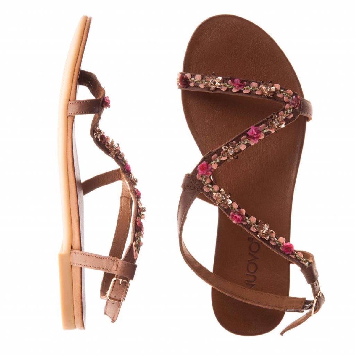 Inuovo - sandalen - maat 39 - dames - bruin - leder - bloemen