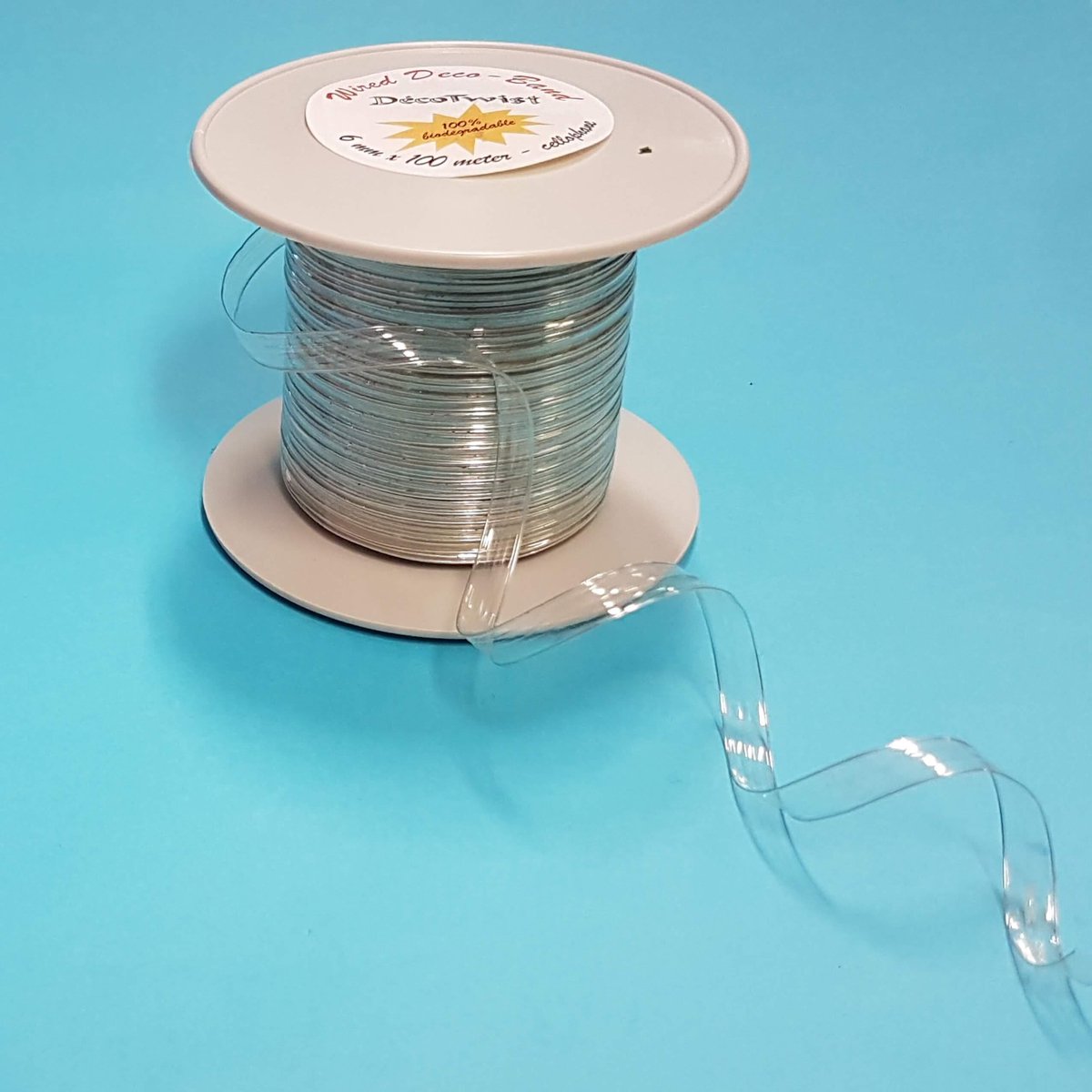 Deco Ribbon 100% Biodegradable Transparent 6mm x 100 meters and enhanced with metal wire (1 roll)