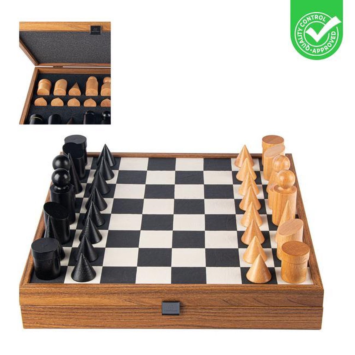 B&W Leatherette Inlaid Schaakspel met Minimal Houten Schaakstukken - Zwart & Wit  Top Kwaliteit