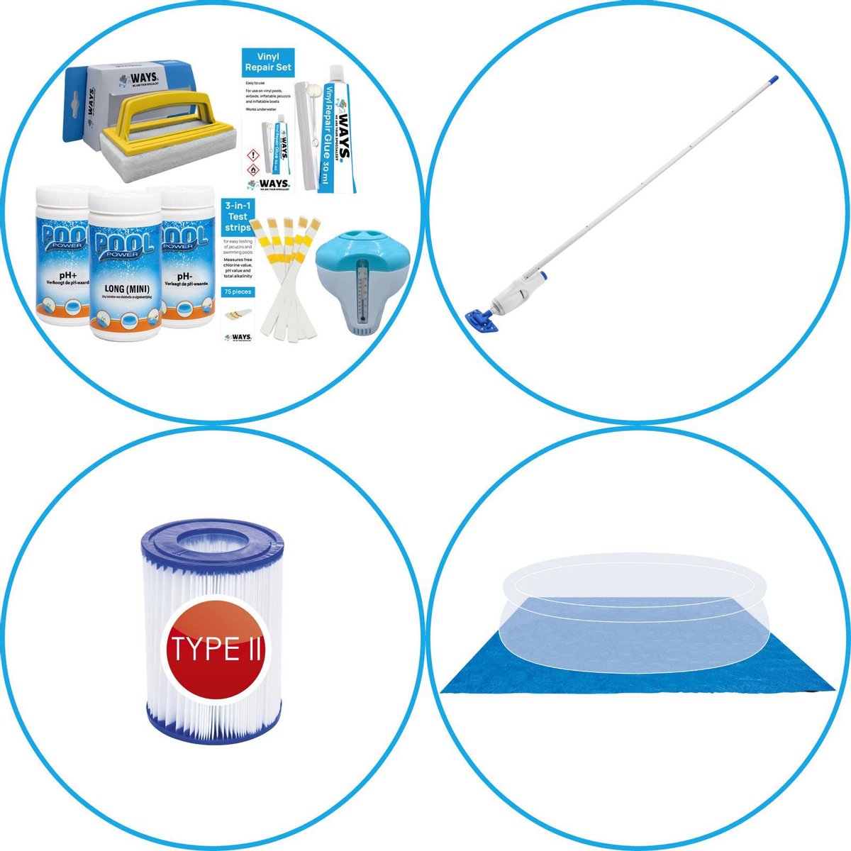 WAYS - Zwembad Accessoirepakket 4-delig - WAYS Onderhoudspakket & Zwembad filters Type II & Zwembad stofzuiger & Grondzeil