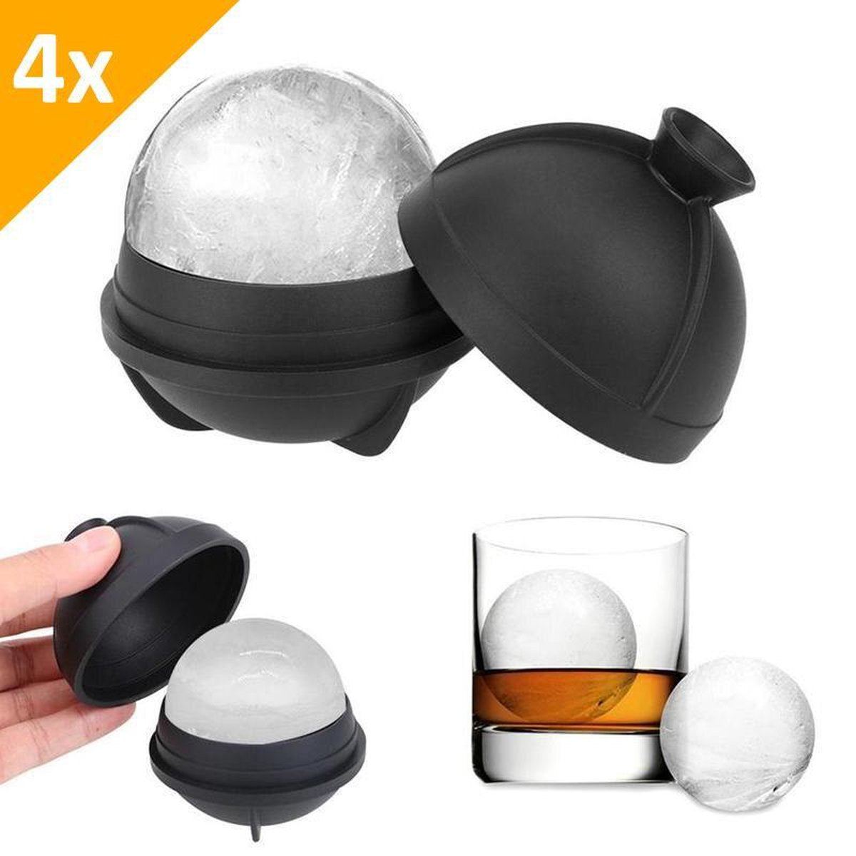 VITAMO Perfecte IJsballen Set van 4 STUKS - Grote Whiskey IJsballenvorm - Ronde Whisky Stones - IJsklontjes - Cocktails - Frisdrank - Lekvrij - Siliconen - IJsblokjesvorm - Ø 6 cm Groot - Zwart - Cadeau Tip