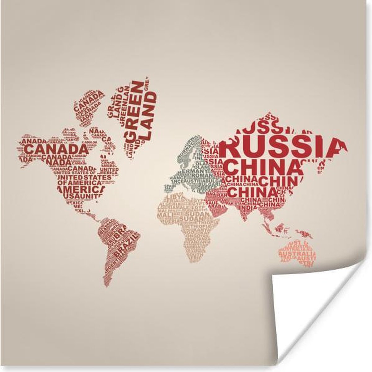 Muurdecoratie - Wereldkaart - Kleuren - Letters - 50x50 cm - Poster