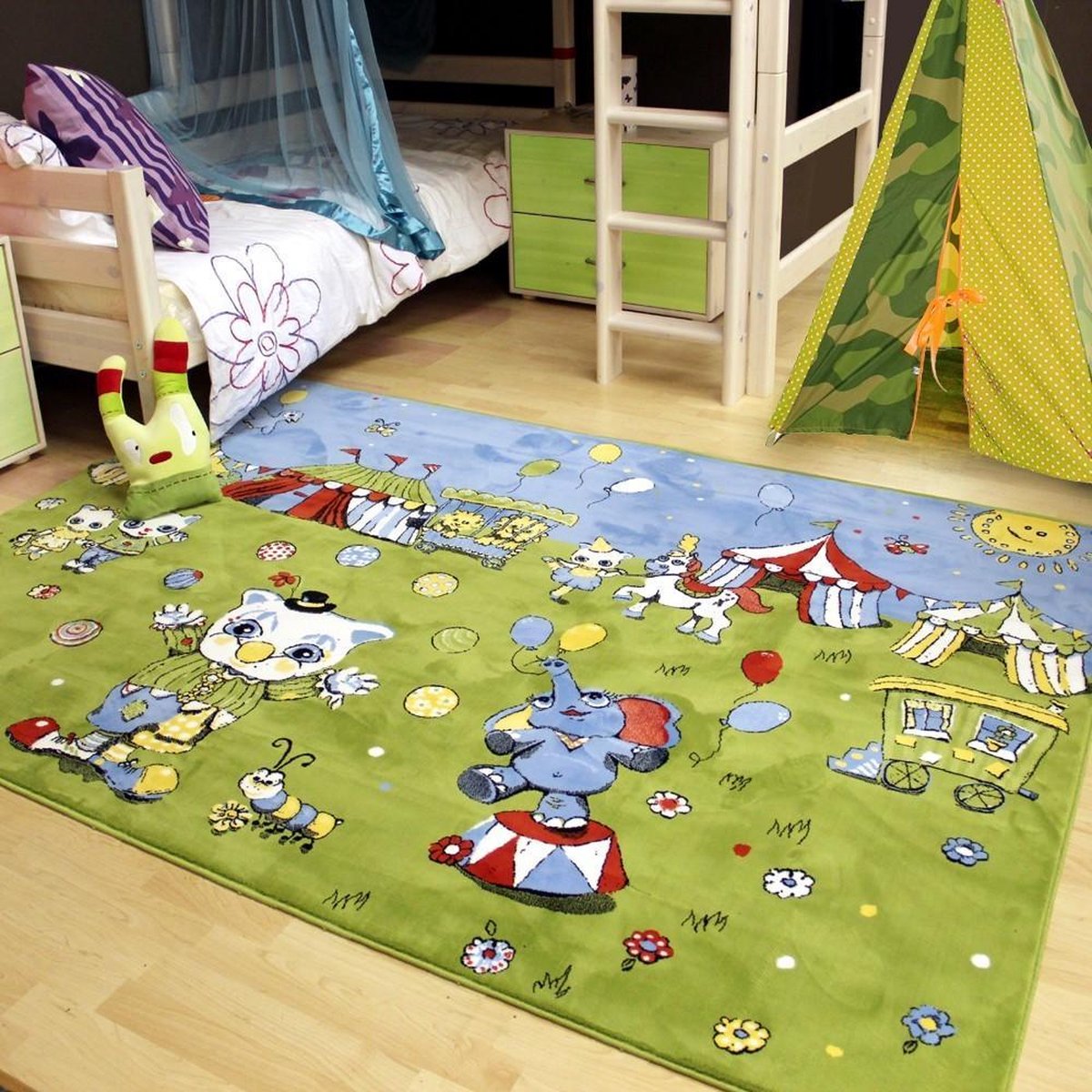 Circus kindervloerkleed - kindertapijt - 160 x 230 cm - wasbaar - zacht - duurzame kwaliteit - speelgoed