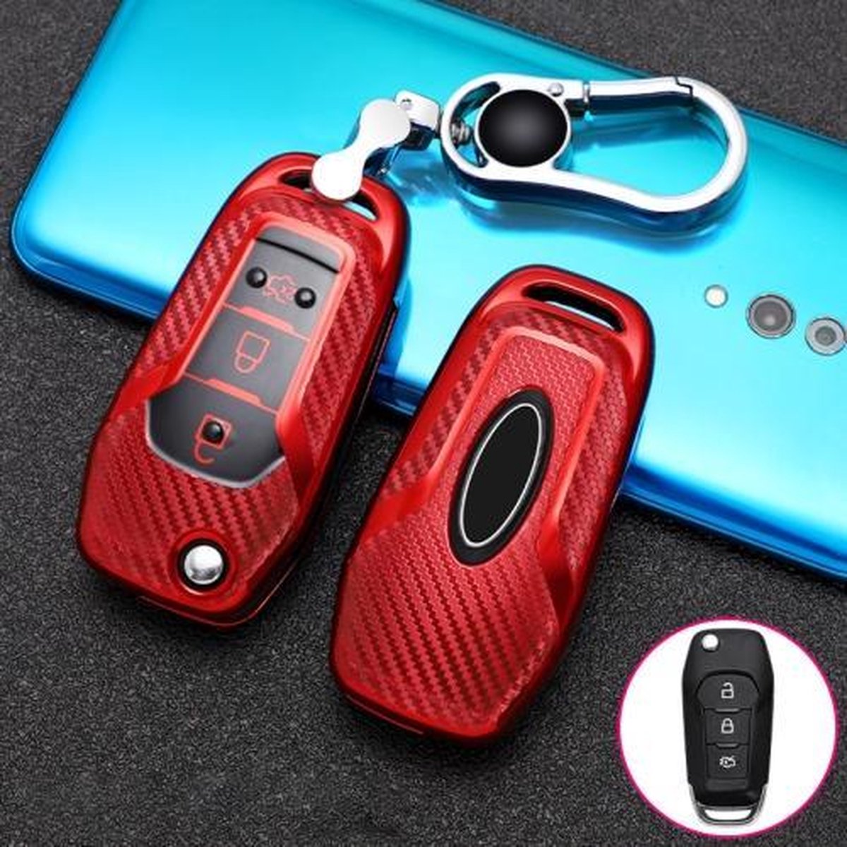 Voor Ford vouwen 3-knops auto TPU sleutel beschermhoes sleutelhoes met sleutelring (rood)