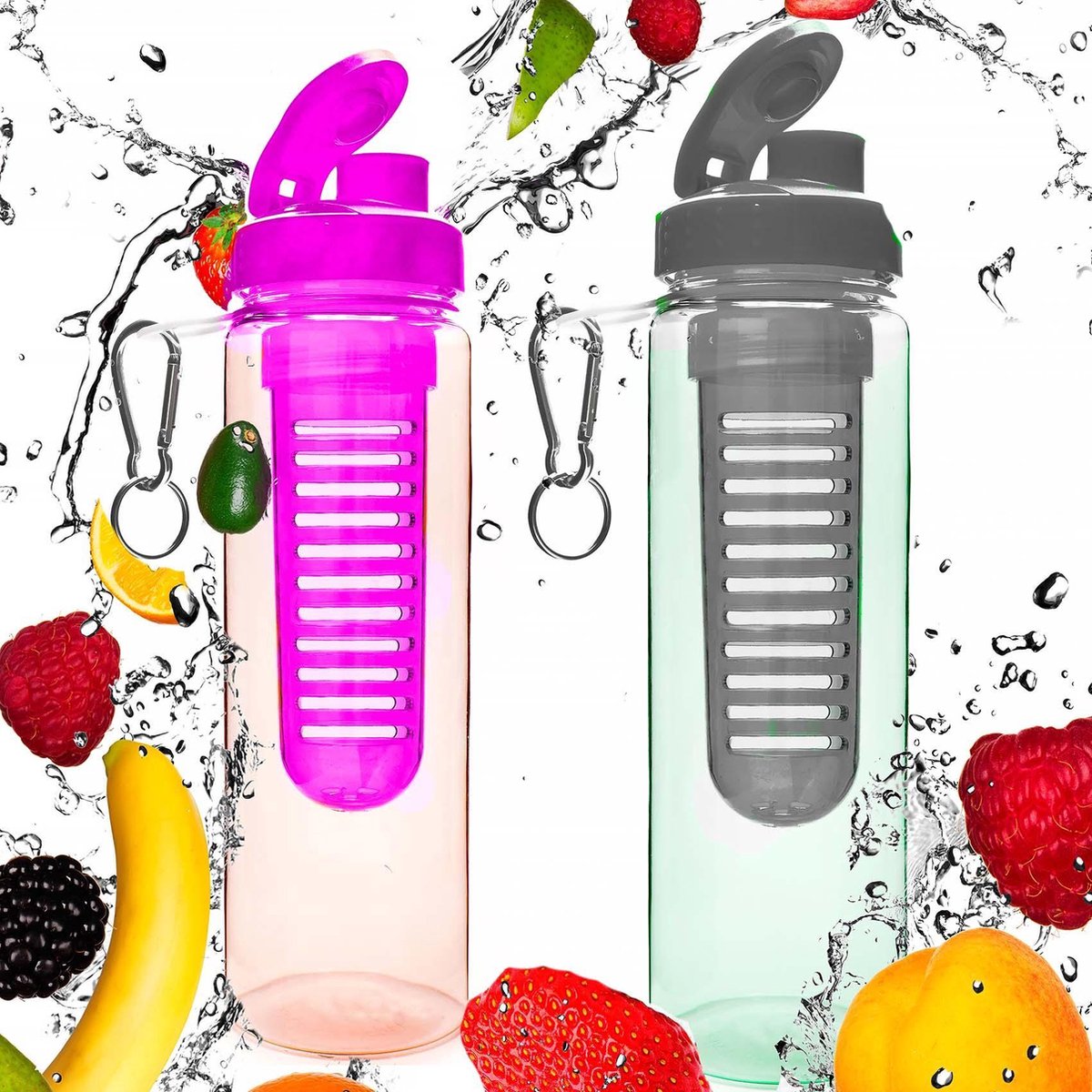 #DoYourFitness - 2x Fruitwater fles - »FruitInfusior« - Fruit infuser voor fruitpunches / groente spritzers - 700ml - roze/zwart
