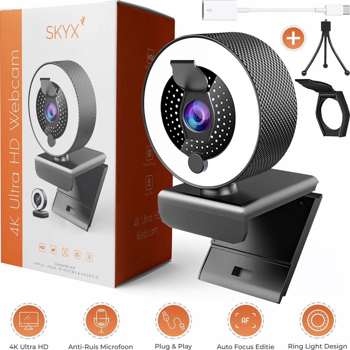 4K Webcam met Ring Licht Auto Focus Edition - Licht Ring UHD Webcam met Microfoon - Webcam met Klepje - Streaming Webcam - Webcam voor PC - Meeting Conference - Anti Ruis Webcam - Windows & Apple/Mac - Vergaderingscamera - Twitch - Teams - Zoom