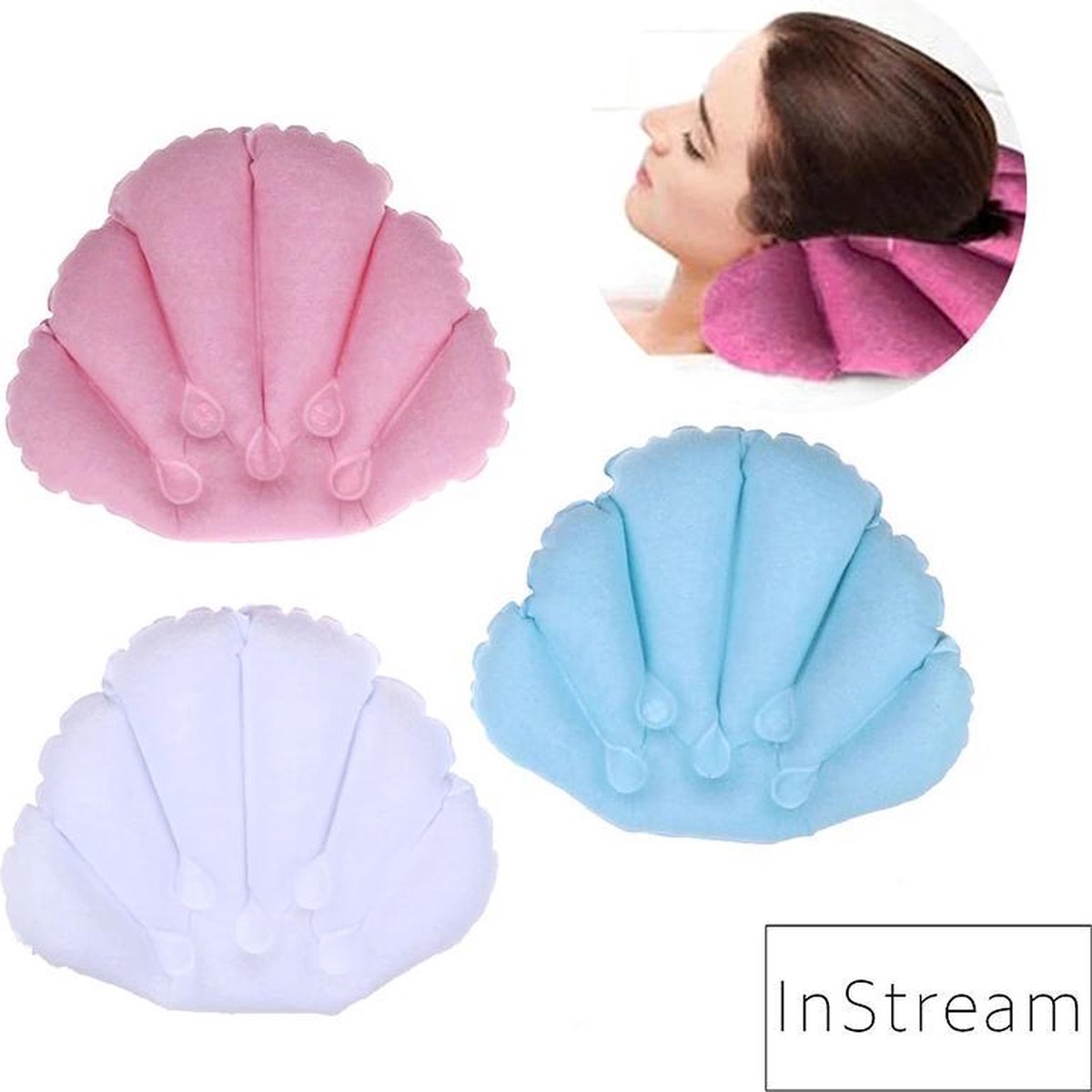 Badkussen - opblaasbaar badkussen - inflatable pillow - Schelp -roze/blauw/wit