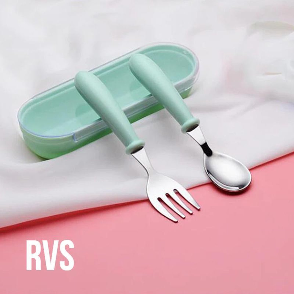 Allernieuwste Kleuter Peuter Kinderbestekset Lepel en Vork - Roestvrij Staal (RVS) - kleur Groen