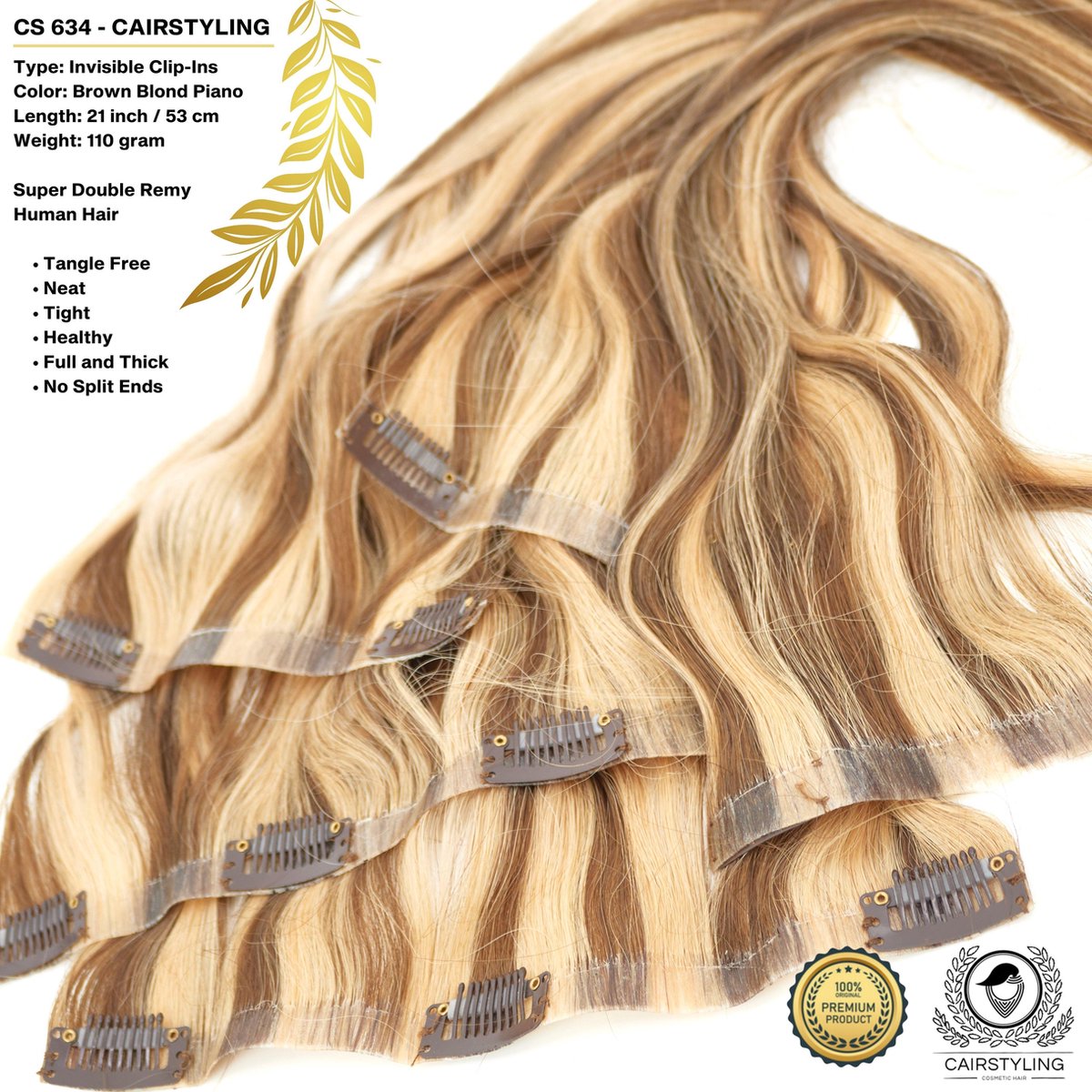 CAIRSTYLING CS634 Super Double INVISIBLE Clip-Ins Human Hair Brown Blonde Piano Highlights Remy Extensions - 110 Gram 21 Inch / 53 CM Lengte - Trending Onzichtbare Band Haaraanzet - New 2021