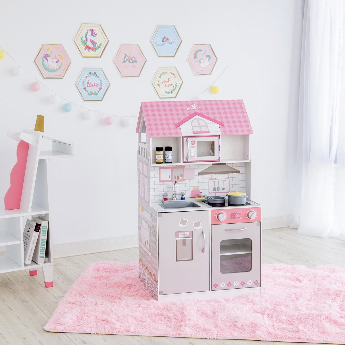 Teamson Kids - Wonderland 2 in 1 Poppenhuis en Speelkeuken voor Kinderen Roze / Grijs TD-12515P