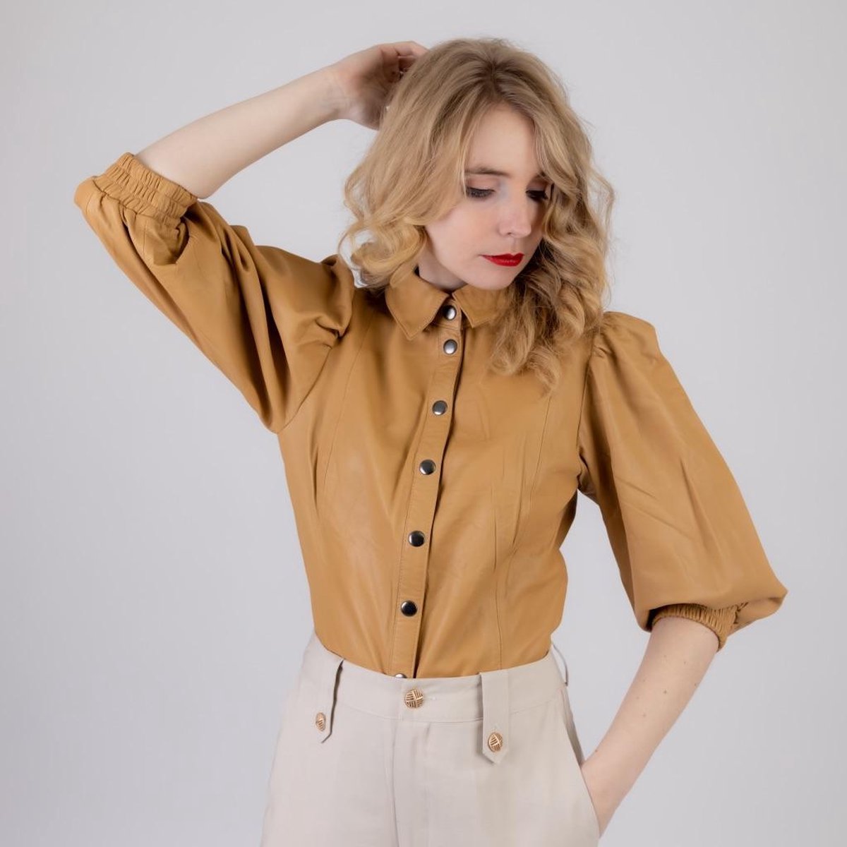 Karen By Simonsen - Lederen Blouse - Maat 44 - Duurzaam echt leder