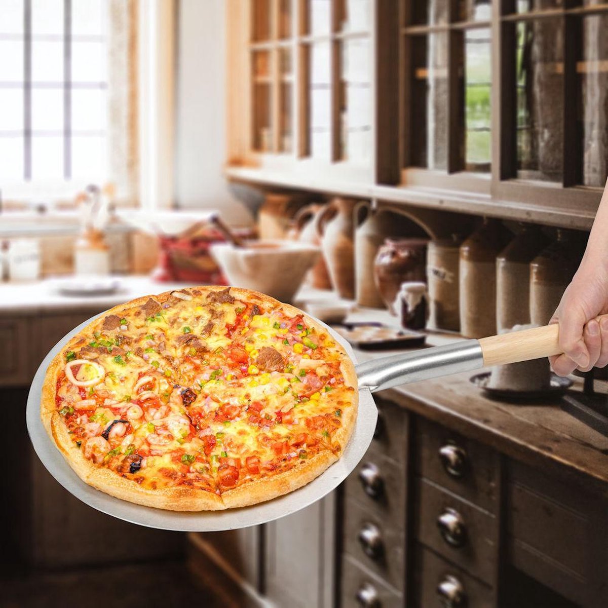 Decopatent® Pizzaschep - Ronde pizzaschep met lang houten Handvat (80cm) - Pizzaspatel Hout / Rvs metaal - ROND