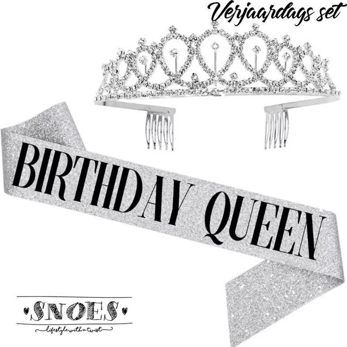 Snoes * Zilver Verjaardag Kroon Tiara en Sjerp * Silver * Feel Like a Queen On Your Birthday * Jarige versiering * Dress up for your Birthday *